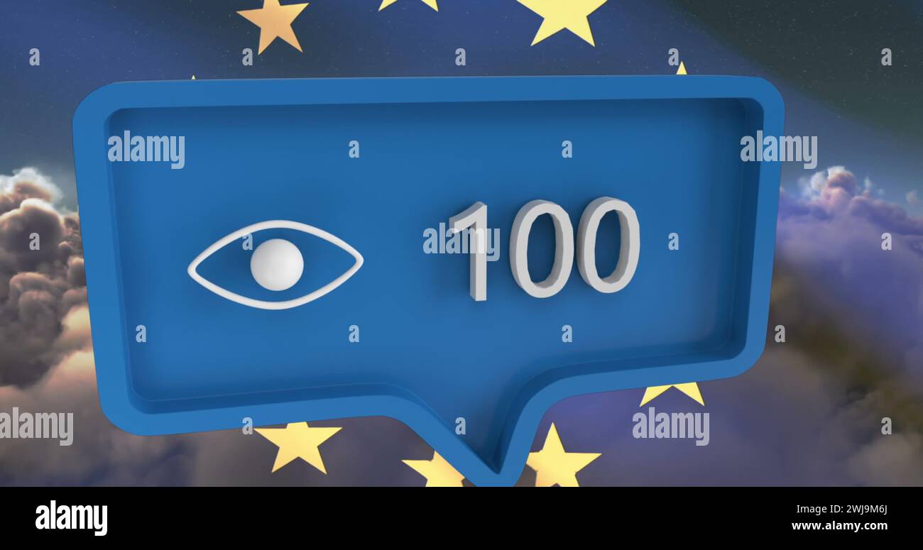 Image of speech bubble with numbers over flag of european union Stock Photo