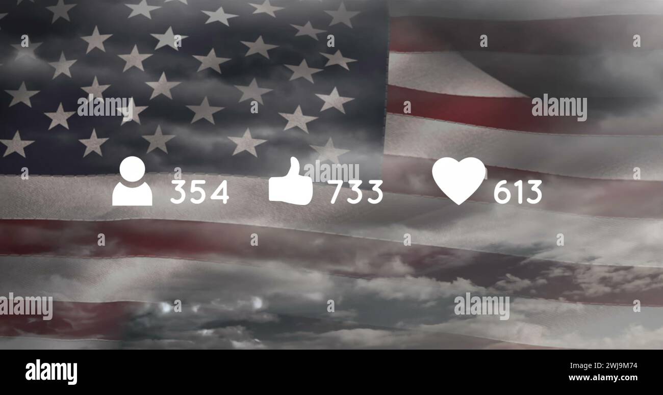 Image of social media icons with numbers over clouds with flag of usa Stock Photo