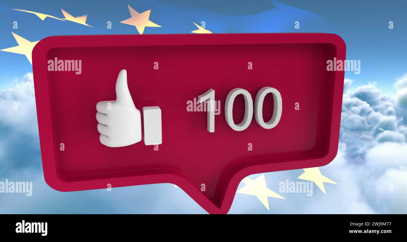 Image of speech bubble with numbers and like icon over flag of european union Stock Photo