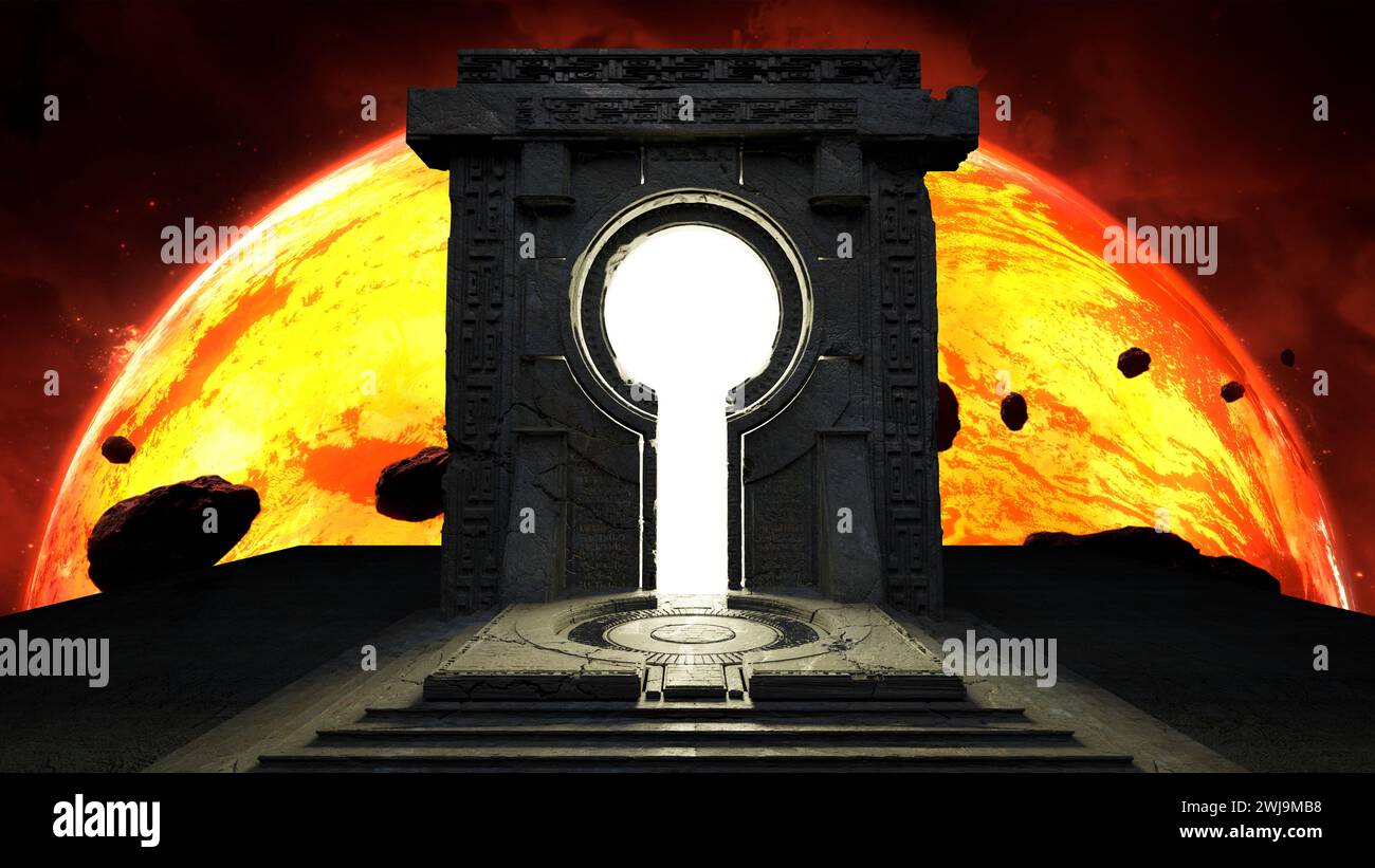 Ancient space gate portal to parallel world of universe. Cosmos galaxy stars, luminous glow gateway. 3d render Stock Photo