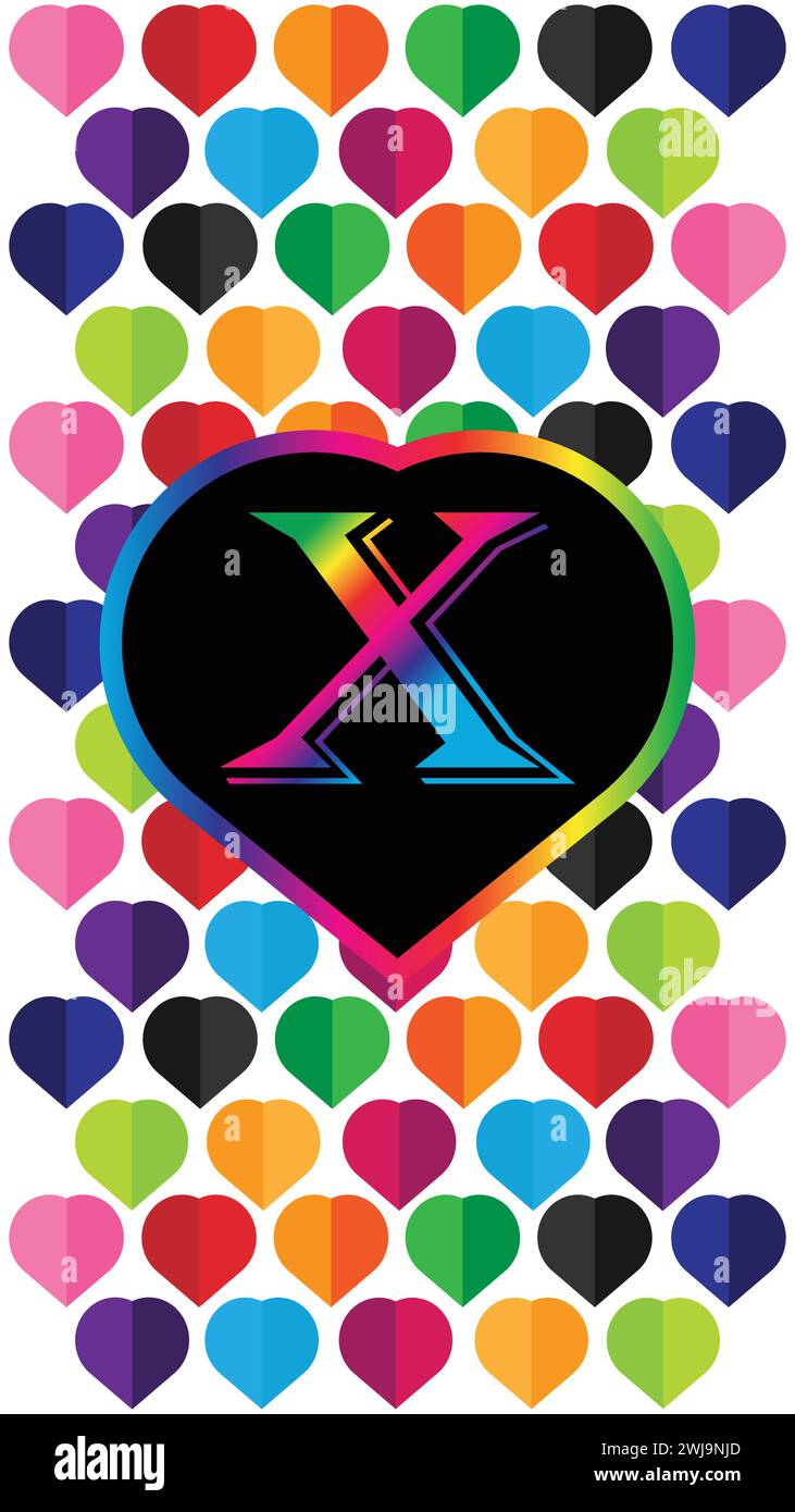 Letter X in the heart of the colorful hearts on a white background. Suitable for Modern Mobile Phone Wallpaper. 4k Mobile Wallpaper Stock Vector