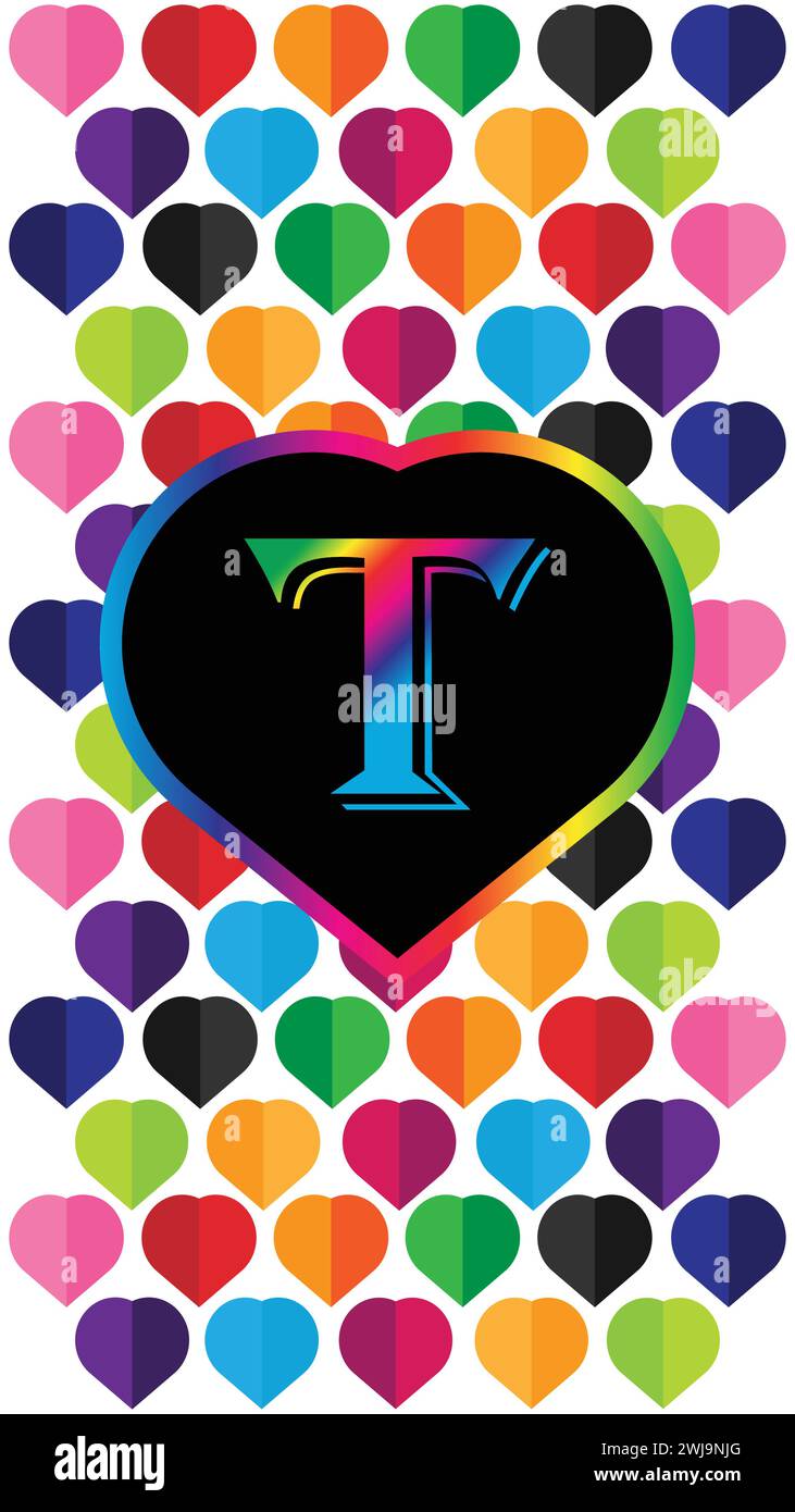Letter T in the heart of the colorful hearts on a white background. Suitable for Modern Mobile Phone Wallpaper. 4k Mobile Wallpaper Stock Vector