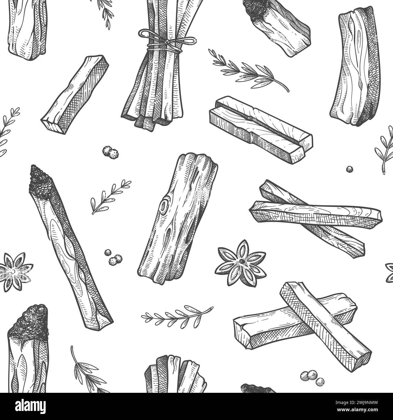 Palo santo pattern. Seamless print of folklore ritual burning stick, hand drawn aroma wood pile for fabric wallpaper. Vector texture Stock Vector