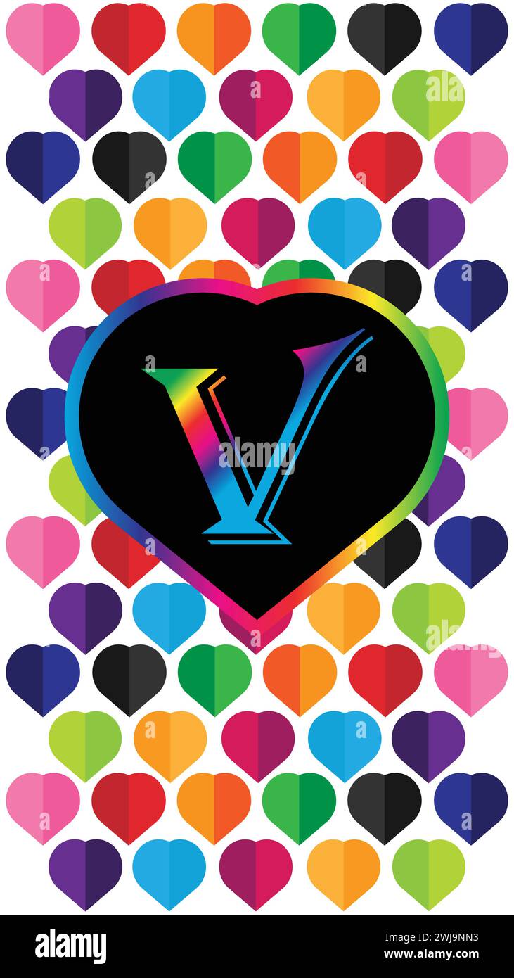 Letter V in the heart of the colorful hearts on a white background. Suitable for Modern Mobile Phone Wallpaper. 4k Mobile Wallpaper Stock Vector