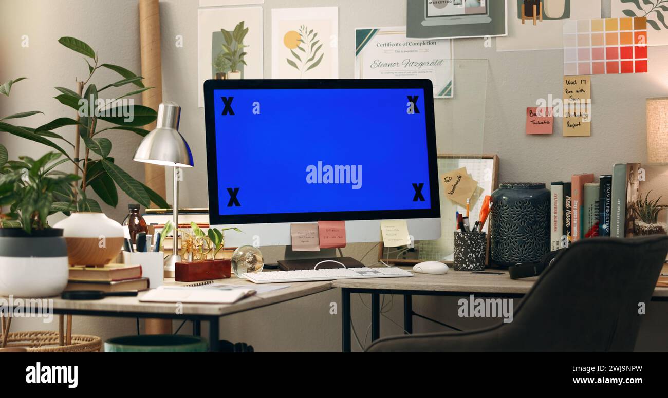 Office, mockup or green screen on computer to research network, chroma key marker or web design. Background, empty or technology at work desk for Stock Photo