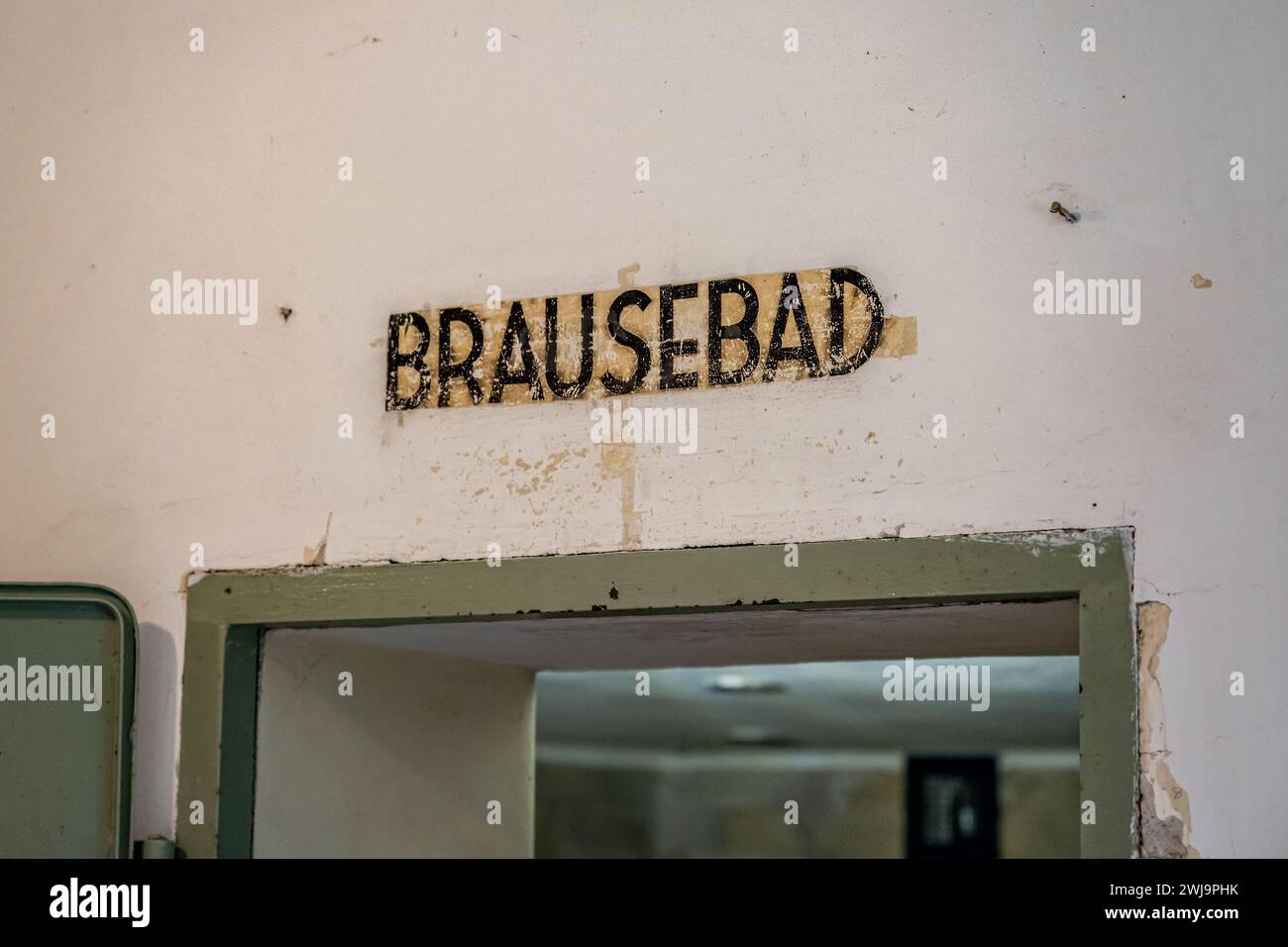The inside of a gas chamber at Dachau Concentration Camp in Dachau, Germany. Stock Photo