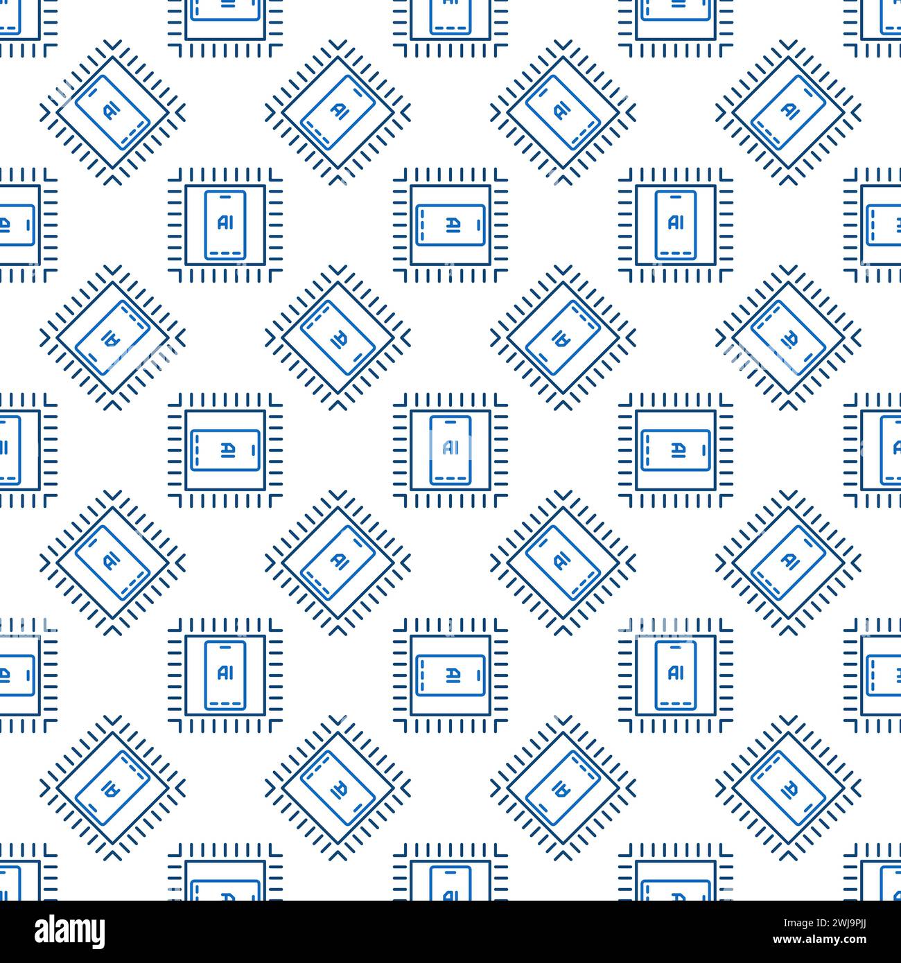 AI Phone inside Chip vector Artificial Intelligence concept seamless pattern in outline style Stock Vector