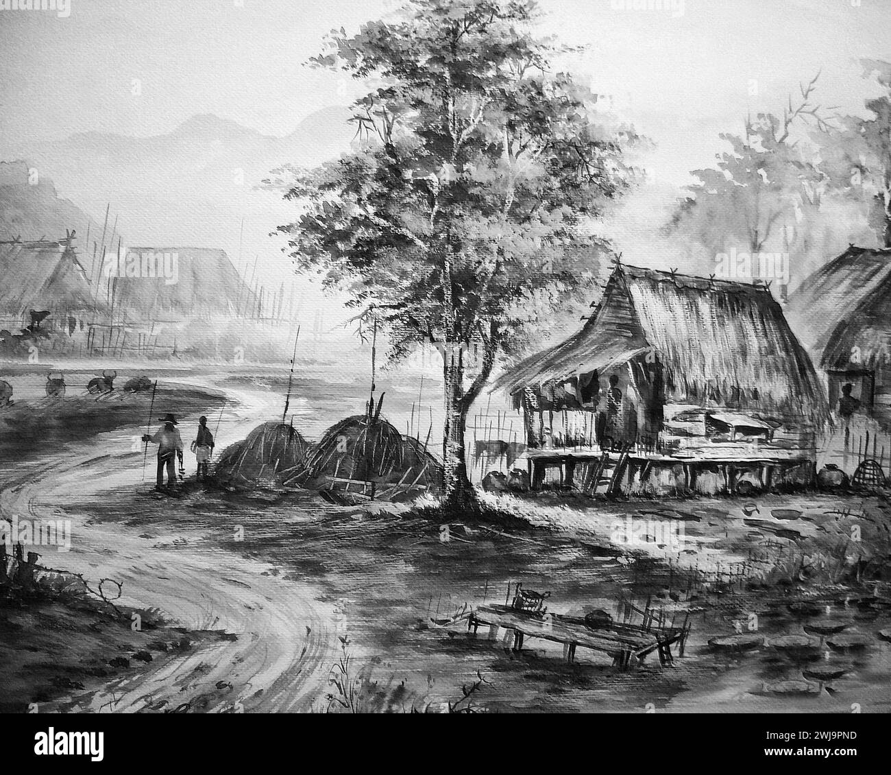 monochrome photography black and white original oil painting countryside rural thailand Stock Photo