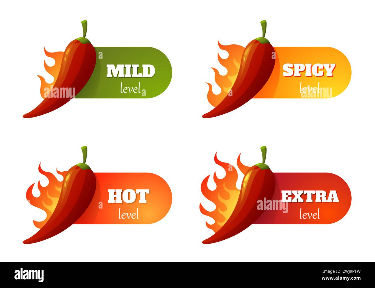Spicy meter label. Chili pepper scale with different heat level, hot spicy food rating, cayenne