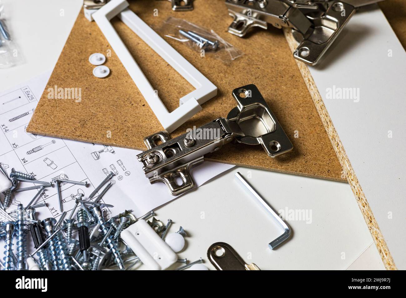 Furniture fittings. Furniture assembly hardware options and tools on a