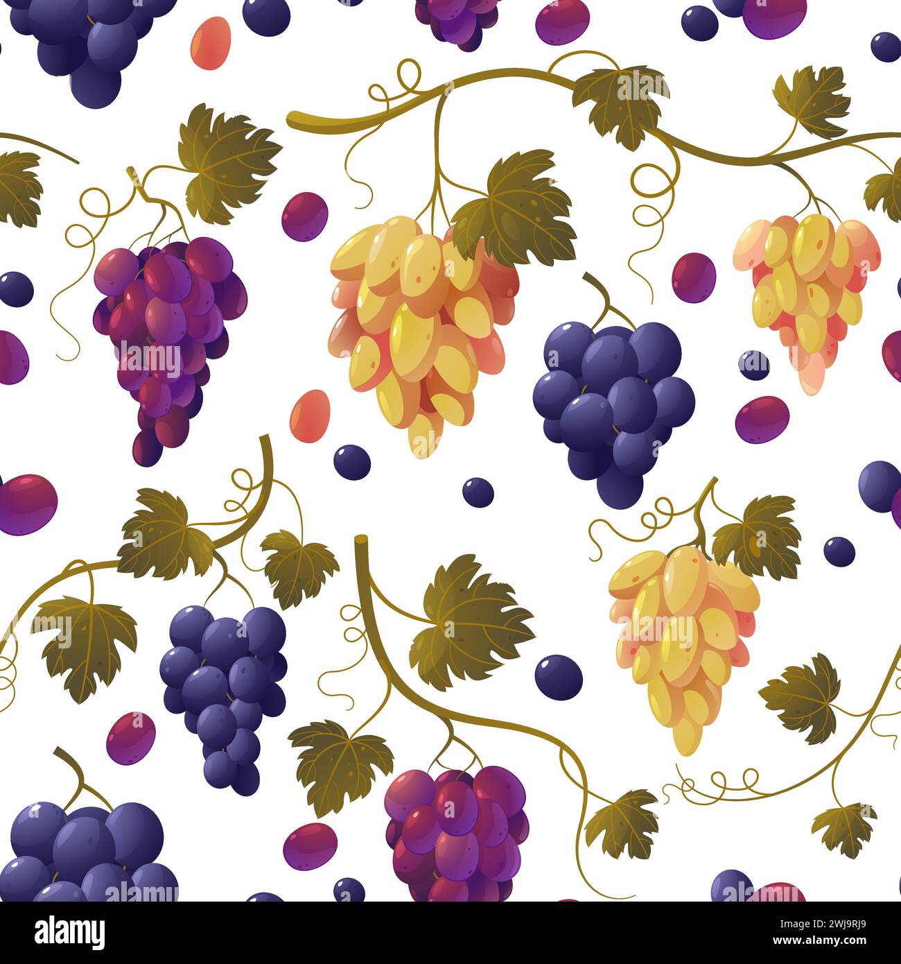 Grape pattern. Seamless print of bunch of green grapes, vintage texture of wine vine fruit, natural food background. Vector illustration Stock Vector