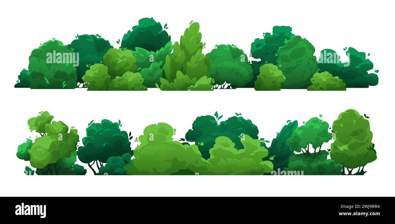 Cartoon green hedge. Floral shrub with leaves, botanical garden plants with branches, simple stylized bush fence. Vector isolated set Stock Vector