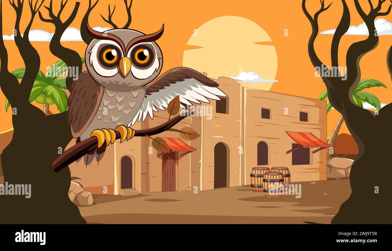 Cartoon owl sitting on a branch at dusk Stock Vector Image & Art - Alamy