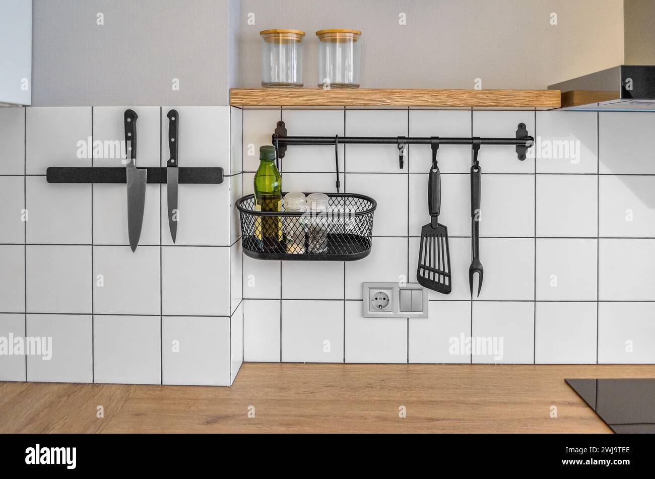 Modern stylish Scandinavian kitchen interior with kitchen accessories ...