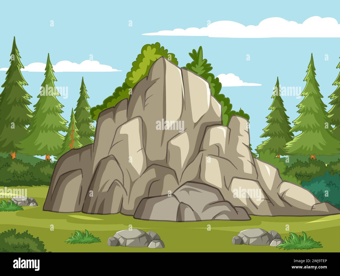 Vector illustration of a large rock formation in a forest Stock Vector