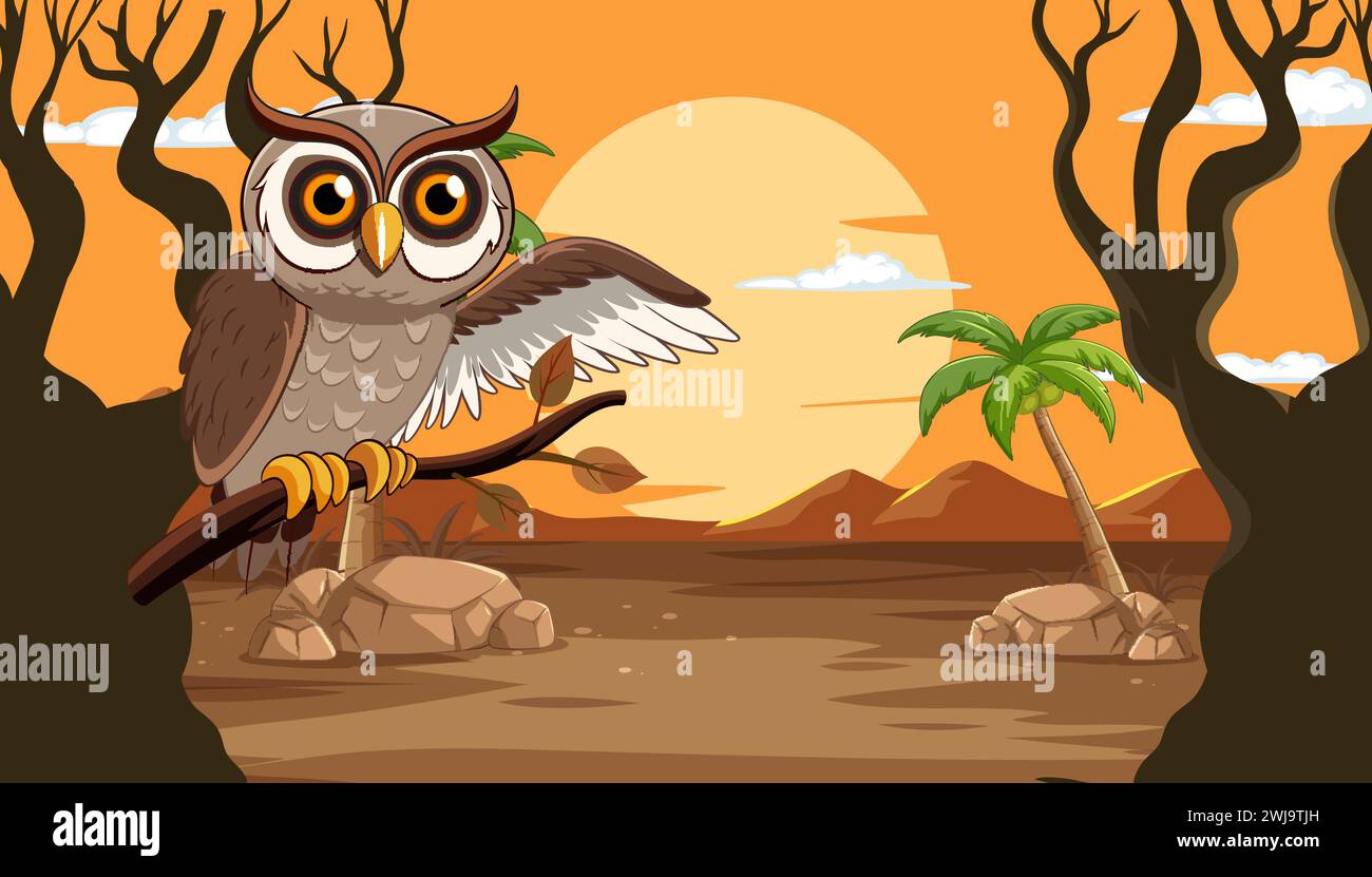 Cartoon owl perched in a desert at dusk Stock Vector Image & Art - Alamy