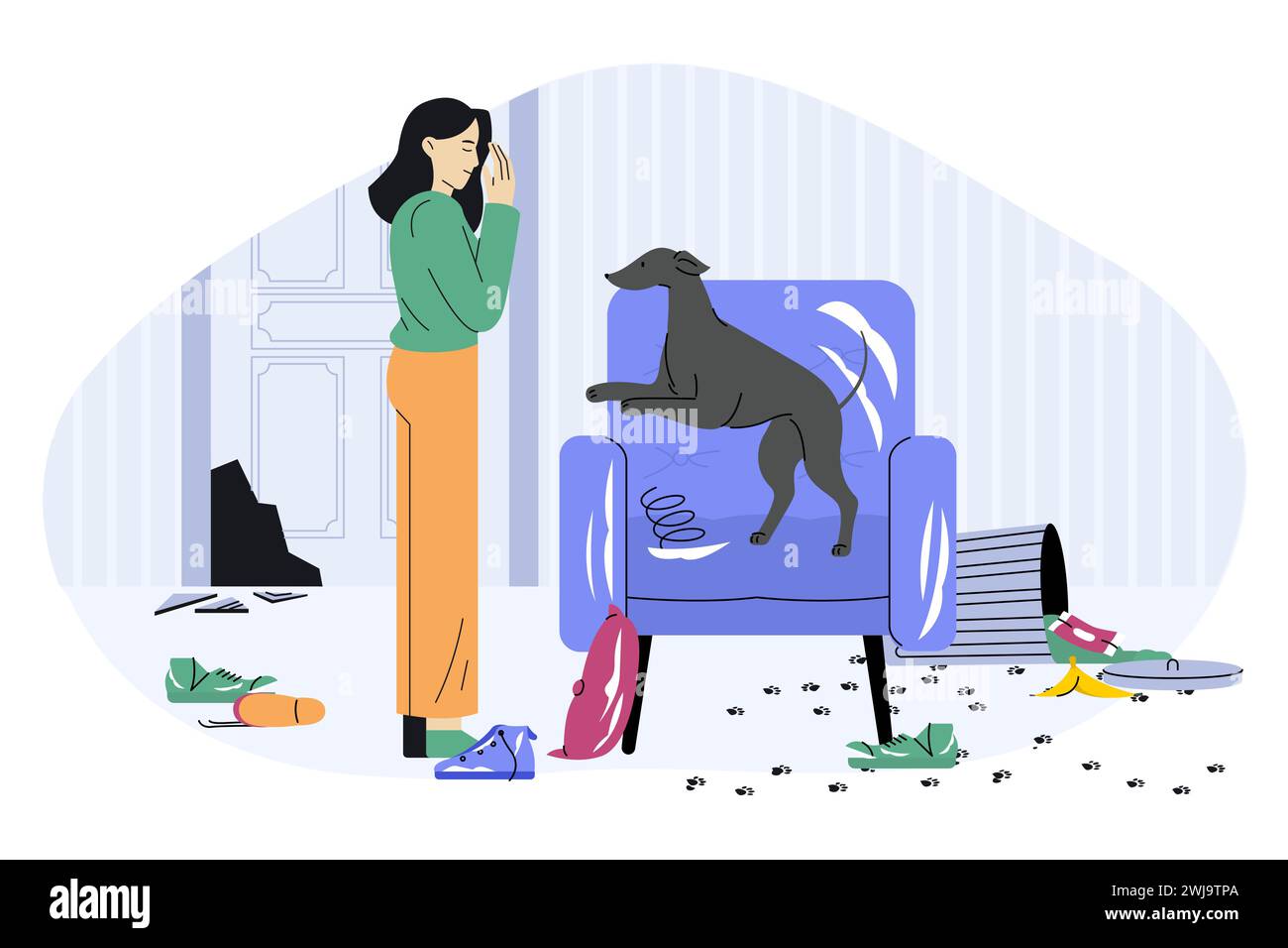 Dog behavior problem. Cartoon naughty puppy destroy house, pet indoor mess and chaos, naughty animal character playing and destroying furniture Stock Vector