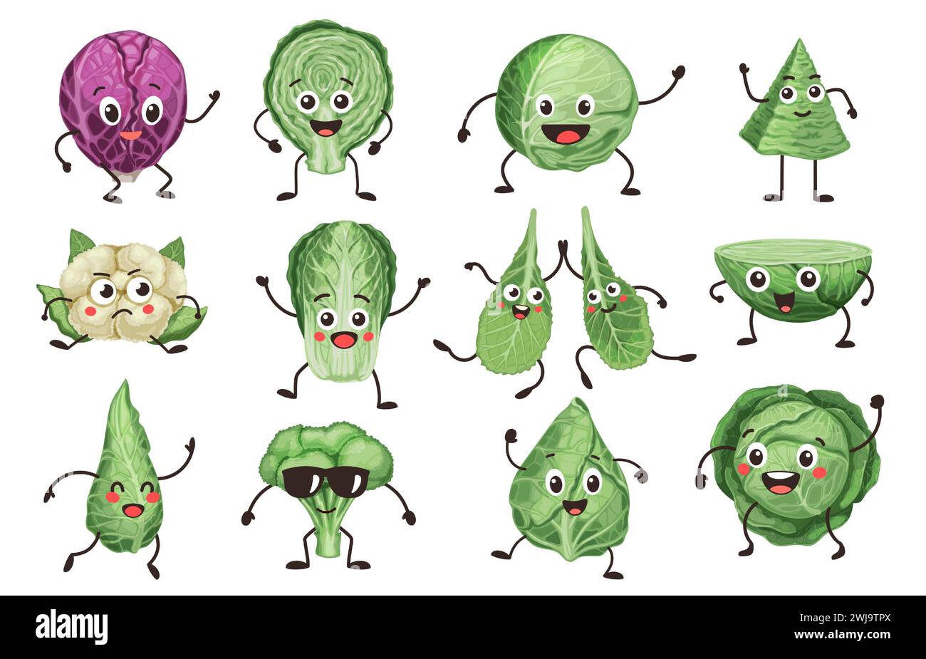 Cartoon cabbage characters. Vegetable faces with different emotions