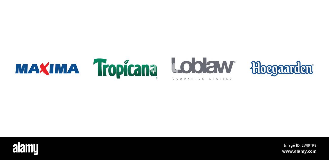 Loblaw Companies Limited, Hoegaarden , Tropicana Products, Maxima. Vector illustration, editorial logo. Stock Vector