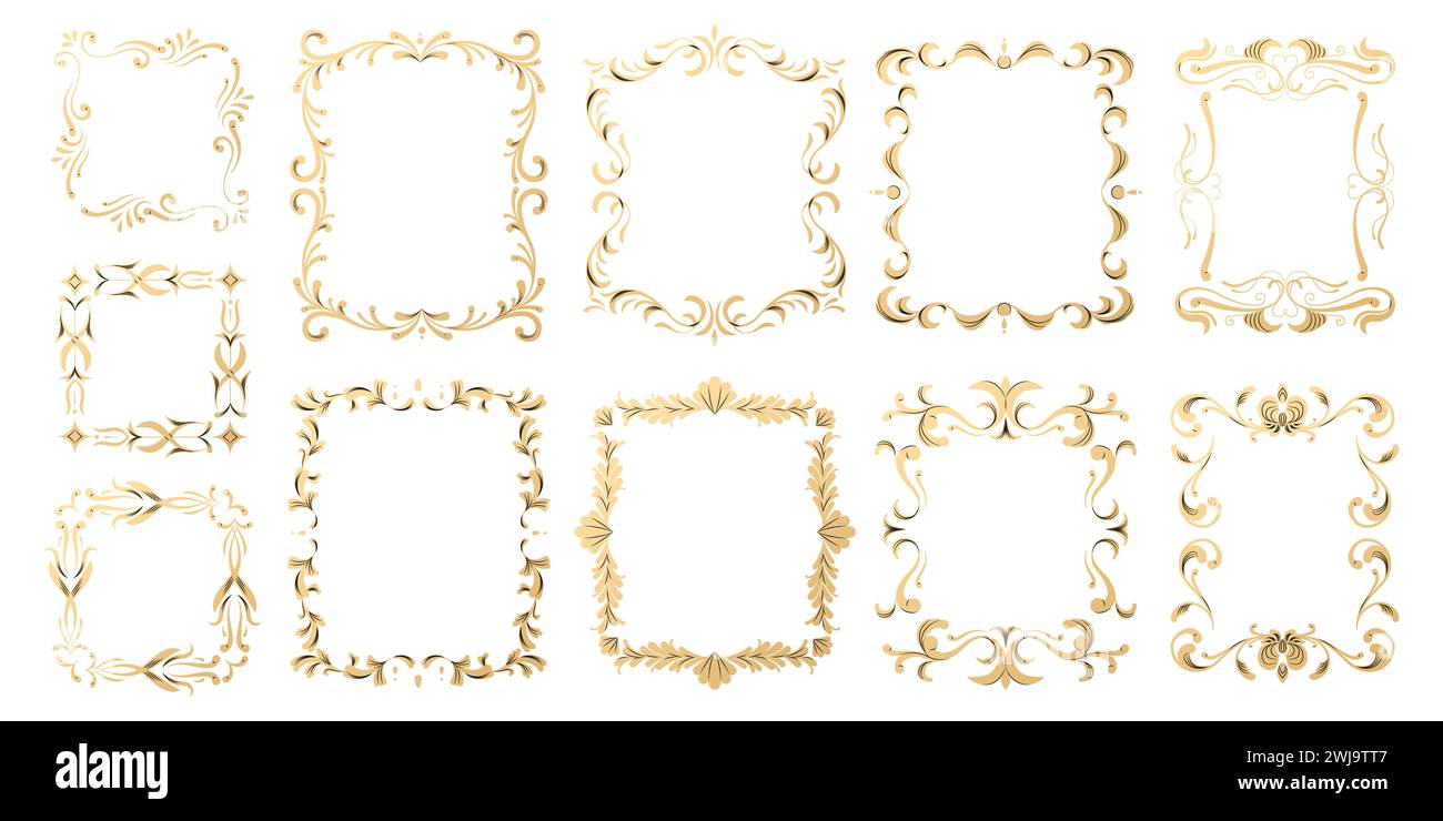 Luxury ornamental frames. Elegant decorative borders with flourish decoration, antique gold frame and flower borders. Vector illustration Stock Vector