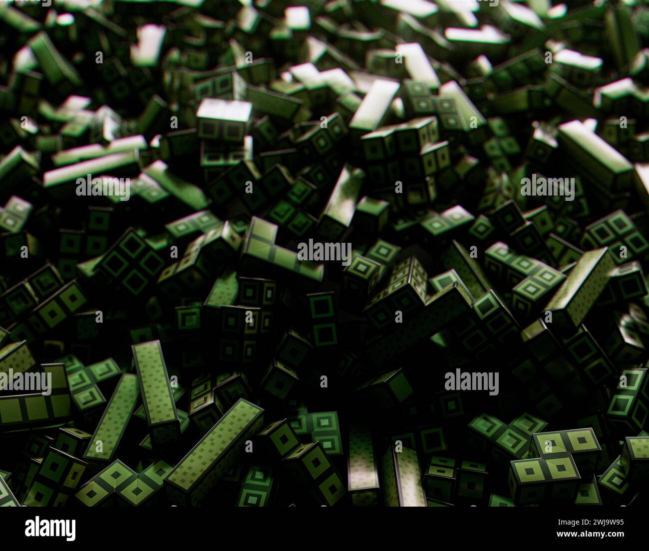 A mass pile of various 3D blocked shapes with an 8-Bit look on a dark background - 3D render Stock Photo