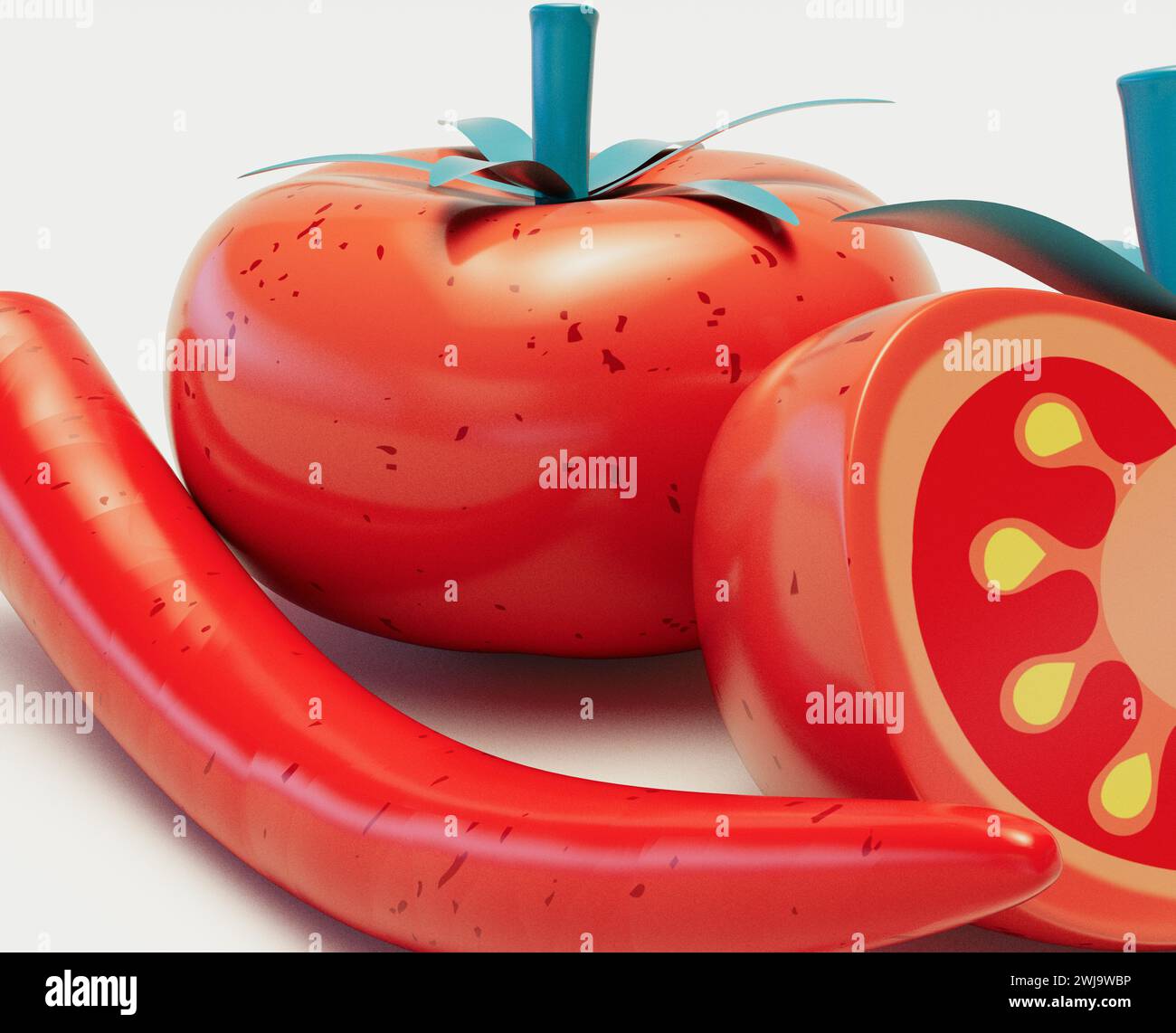 A stylised cartoon cut and full tomato alongside a chilli - 3D render Stock Photo