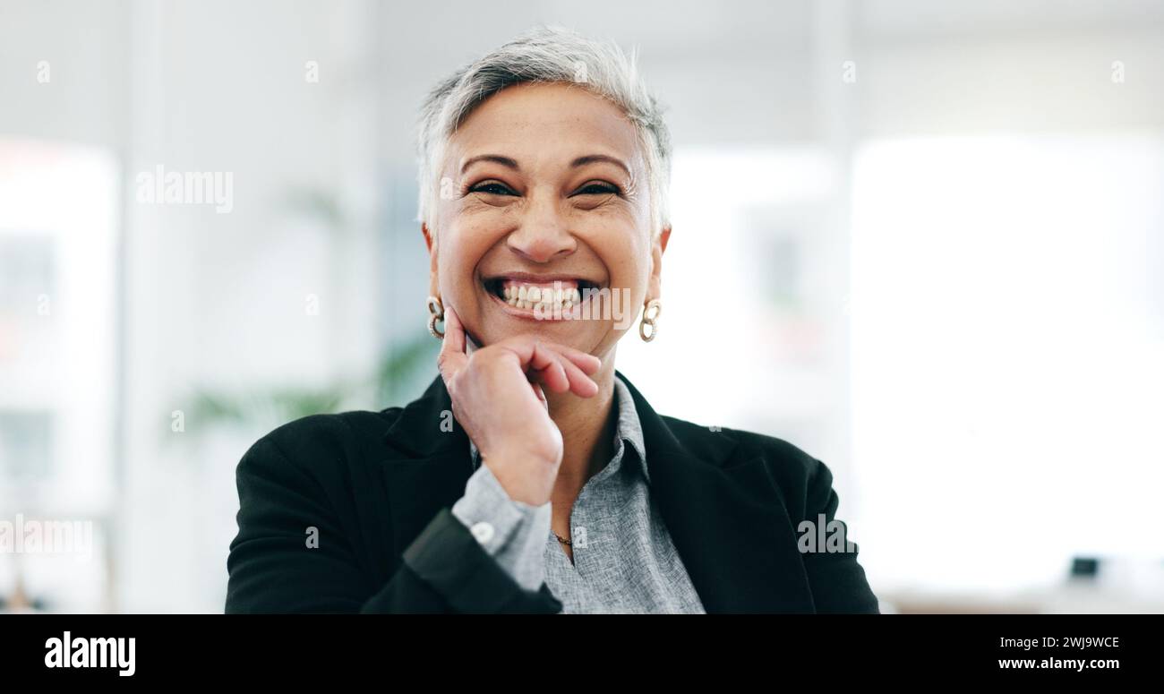 Senior woman, business ceo and laughing face in a office with consultant manager confidence. Funny, comedy and happy professional employee at a Stock Photo