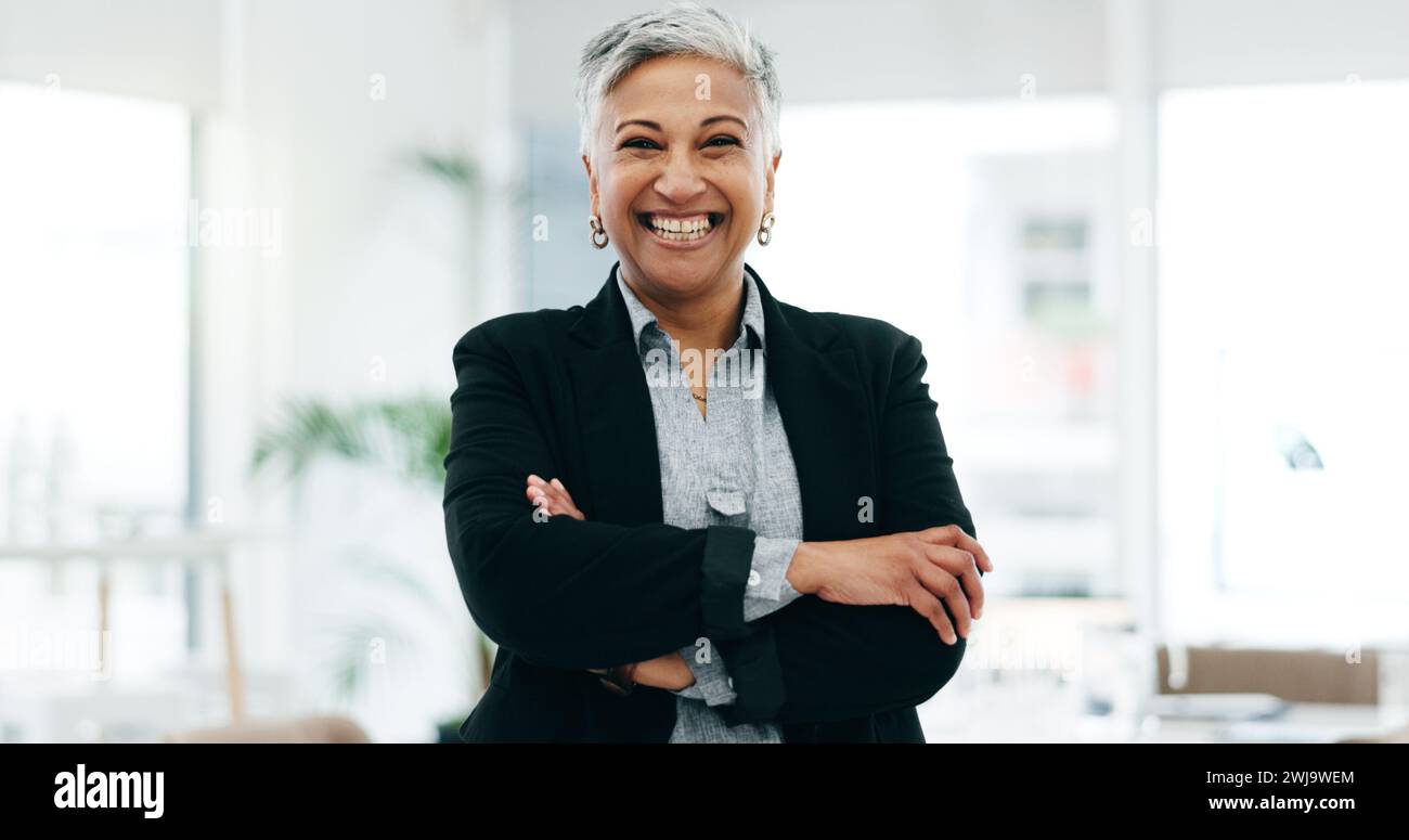 Senior woman, business ceo and laughing boss face in a office with consultant manager confidence. Funny, comedy and happy professional employee at a Stock Photo