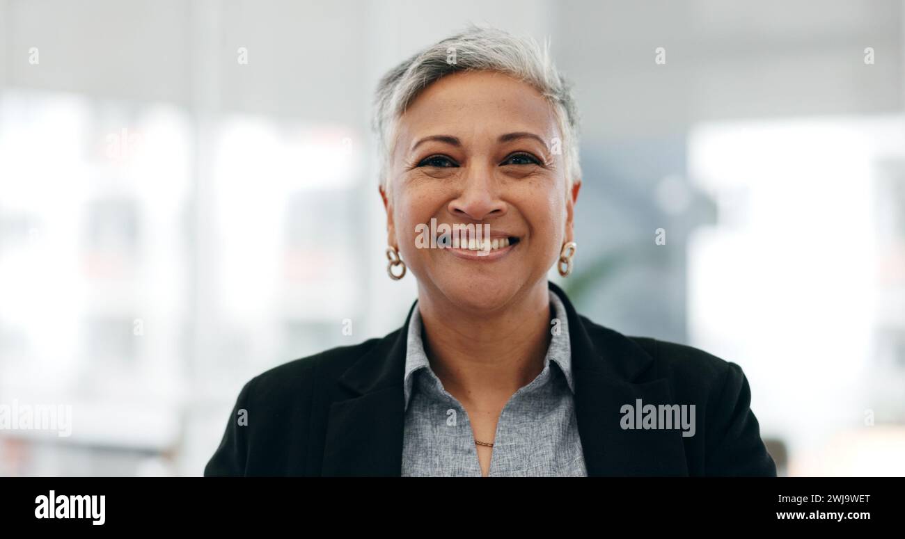 Senior woman, ceo closeup and laughing face in a office with consultant manager confidence. Funny, comedy and happy professional employee at a company Stock Photo