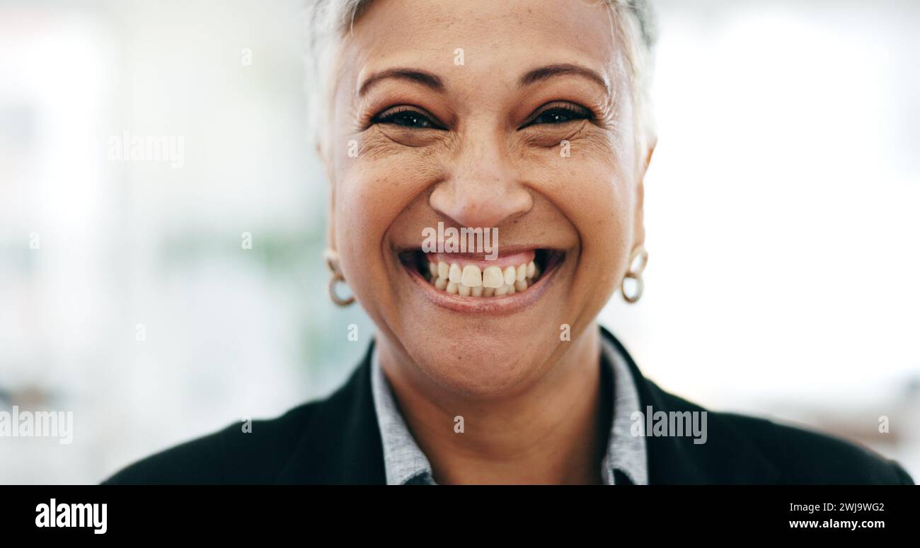 Senior woman, business ceo closeup and laughing face in a office with consultant manager confidence. Funny, comedy and happy professional employee at Stock Photo