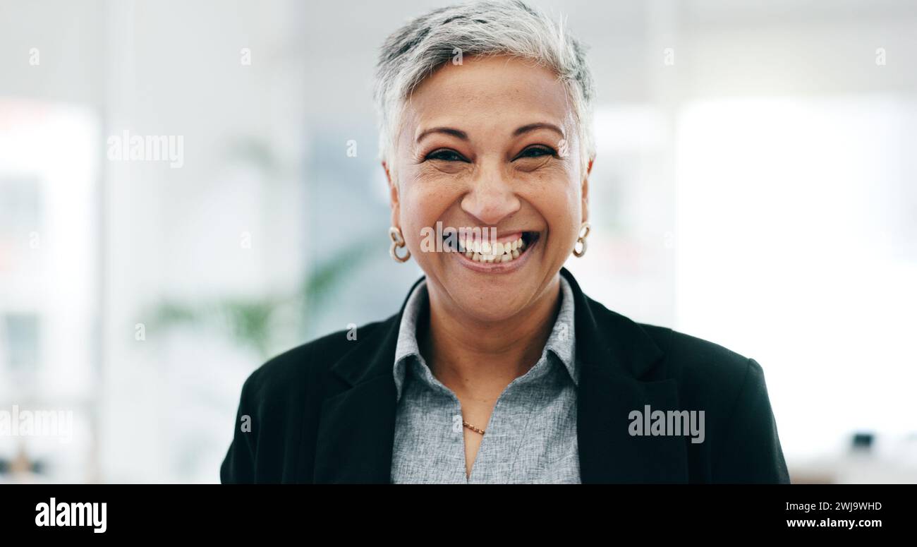 Senior woman, ceo closeup and laughing face in a office with consultant manager confidence. Funny, comedy and happy professional employee at a company Stock Photo