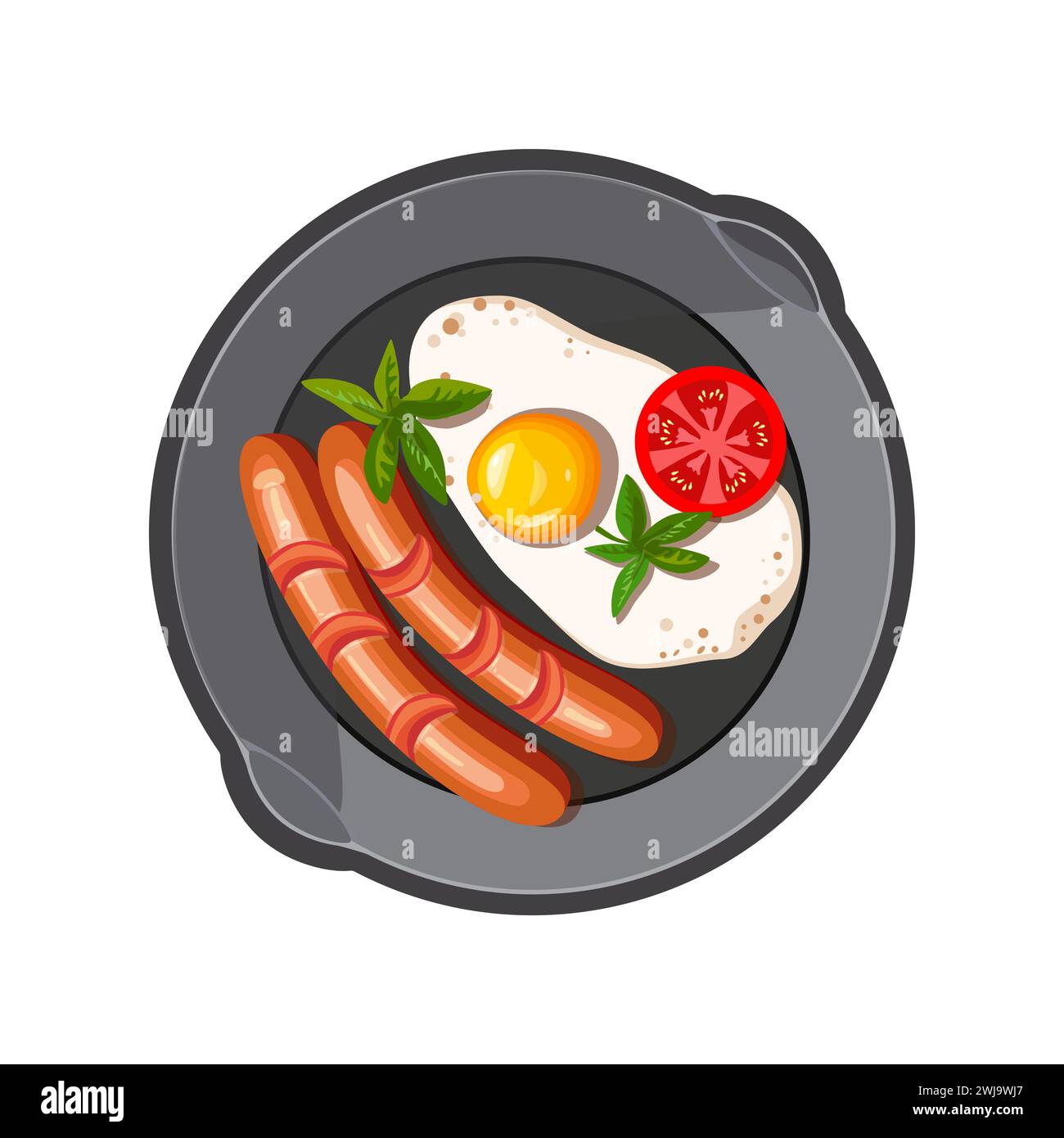 Scrambled eggs in a deep frying pan. Fried sausages with eggs. Healthy