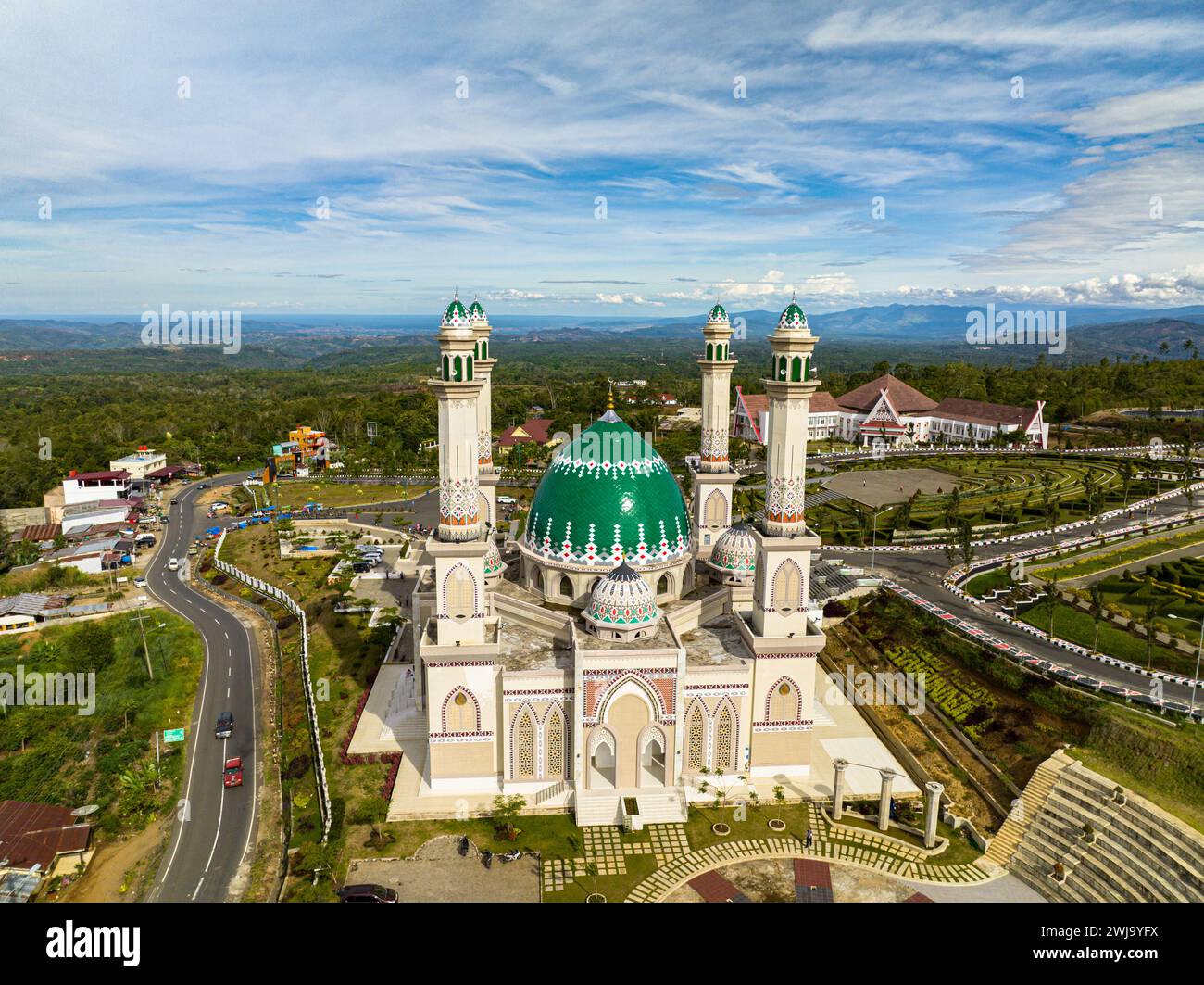 Aerial drone of beautiful mosque in Sumatra. Masjid Agung Syahrun Nur Tapanuli Selatan. Indonesia. Stock Photo