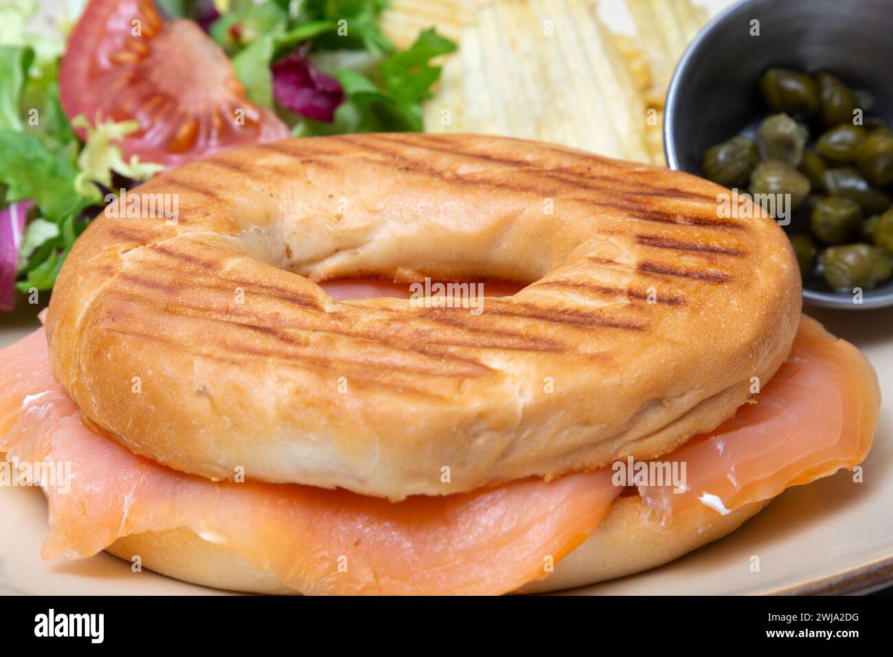 Toasted Bagel with Salmon Stock Photo