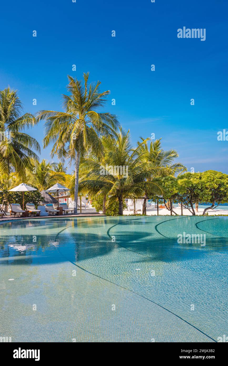 Stunning landscape, swimming pool sunny blue sky. Tropical resort hotel in Maldives. Leisure relax wellbeing peaceful vibes, chairs beds umbrellas Stock Photo
