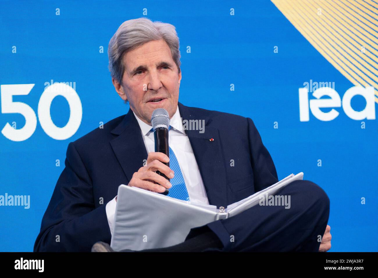 Paris, France. 13th Feb, 2024. US climate envoy John Kerry attends the International Energy Agency (IEA) 2024 ministerial meeting and 50th Anniversary event, in Paris on February 13, 2024. Energy and climate ministers from around the world will meet in Paris on February 13 and 14 for the IEA's 2024 Ministerial Meeting to take stock of the latest developments in energy markets, policies and transitions, and to set the Agency's strategic direction for the coming years. Photo by Nathan Laine/ABACAPRESS.COM Credit: Abaca Press/Alamy Live News Stock Photo