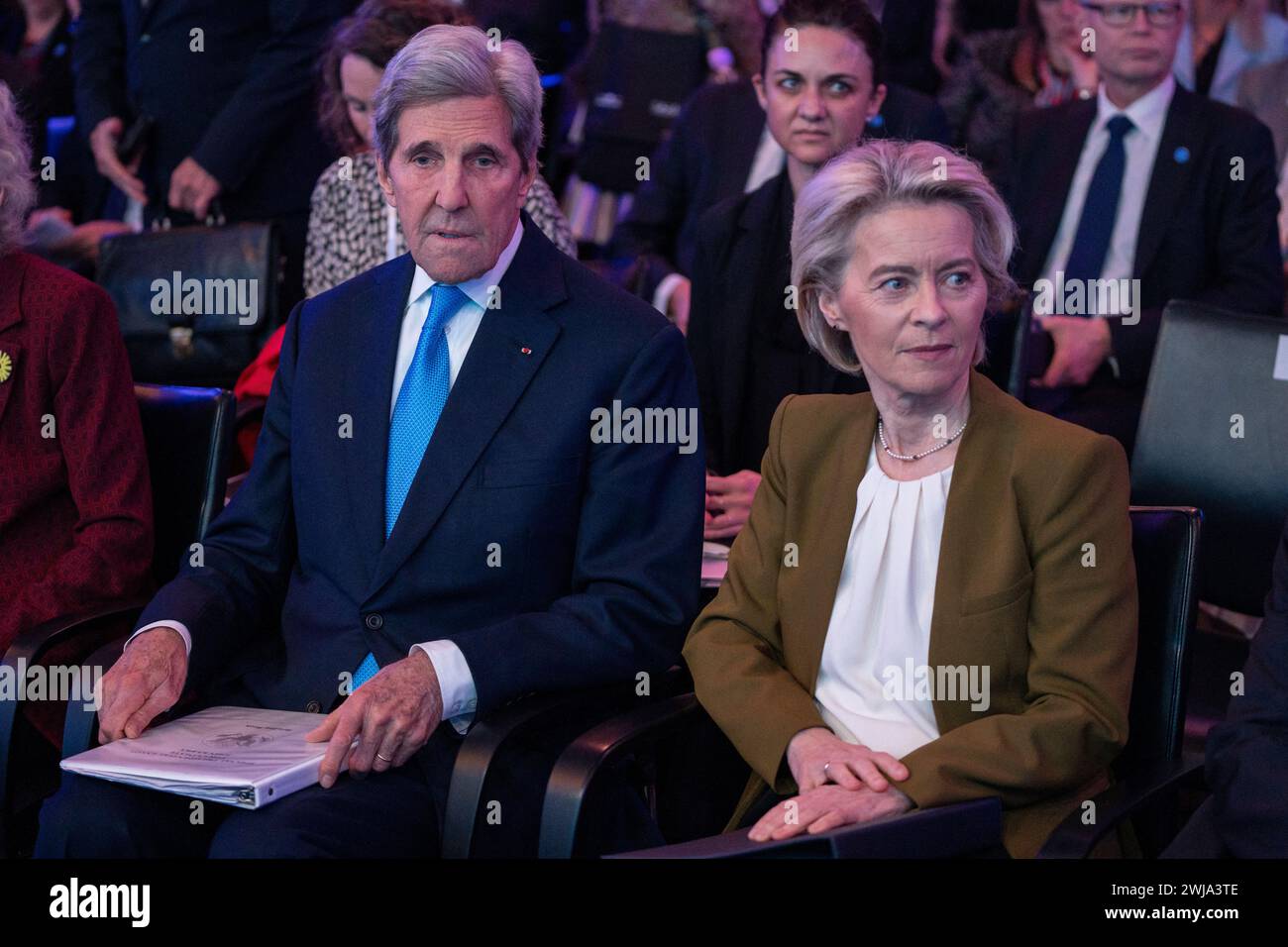 US climate envoy John Kerry and President of the European Commission Ursula von der Leyen attend the International Energy Agency (IEA) 2024 ministerial meeting and 50th Anniversary event, in Paris on February 13, 2024. Energy and climate ministers from around the world will meet in Paris on February 13 and 14 for the IEA's 2024 Ministerial Meeting to take stock of the latest developments in energy markets, policies and transitions, and to set the Agency's strategic direction for the coming years. Photo by Nathan Laine/ABACAPRESS.COM Stock Photo