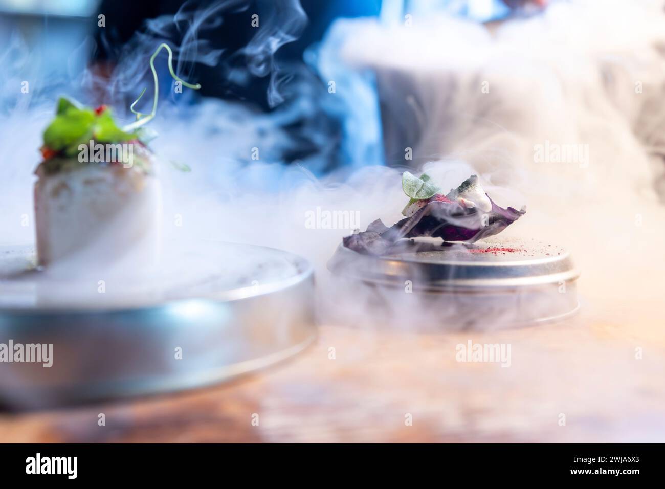 Elegant fusion dishes prepared with local and seasonal products, served with a flourish of culinary theatrics at a Michelin-starred restaurant in Zerm Stock Photo