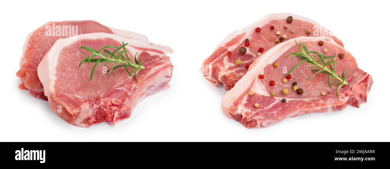 sliced raw pork meat with rosemary isolated on white background Stock ...