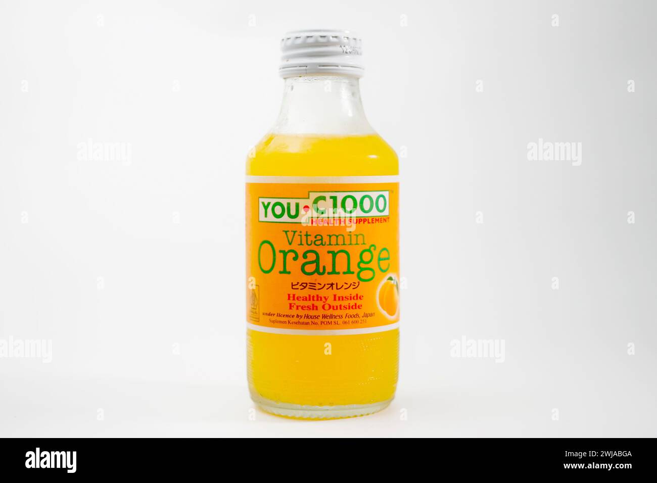 Close up a bottle of YOU C1000 orange vitamin supplement isolated on white background. Front view. Stock Photo