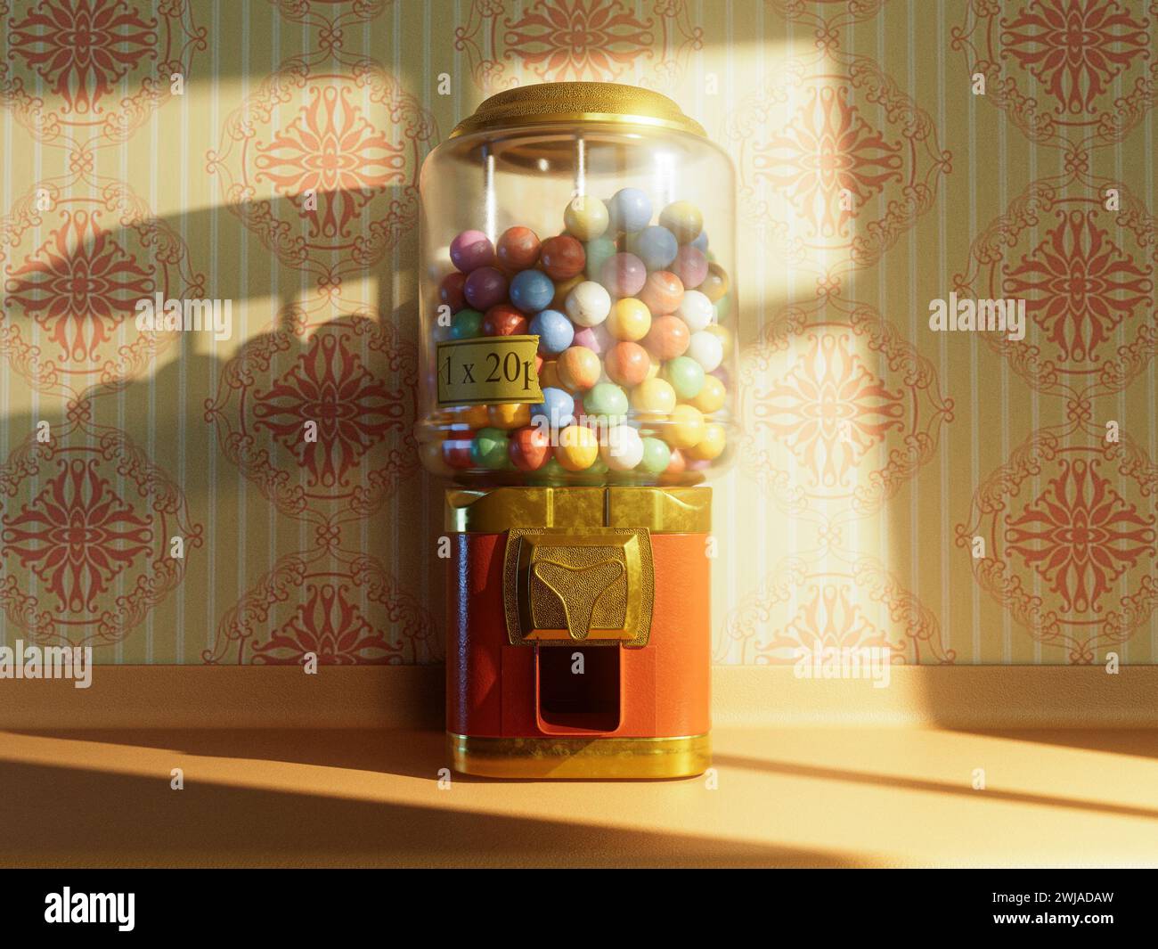 A red and brass vintage gumball dispensing machine filled with multicolored gumballs on a shelf mounted on a retro 60's wallpaper - 3D render Stock Photo