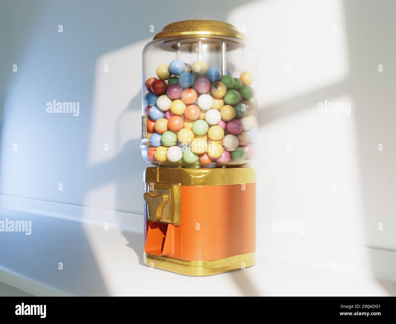 A red and brass vintage gumball dispensing machine filled with multicolored gumballs on an isolated white background - 3D render Stock Photo