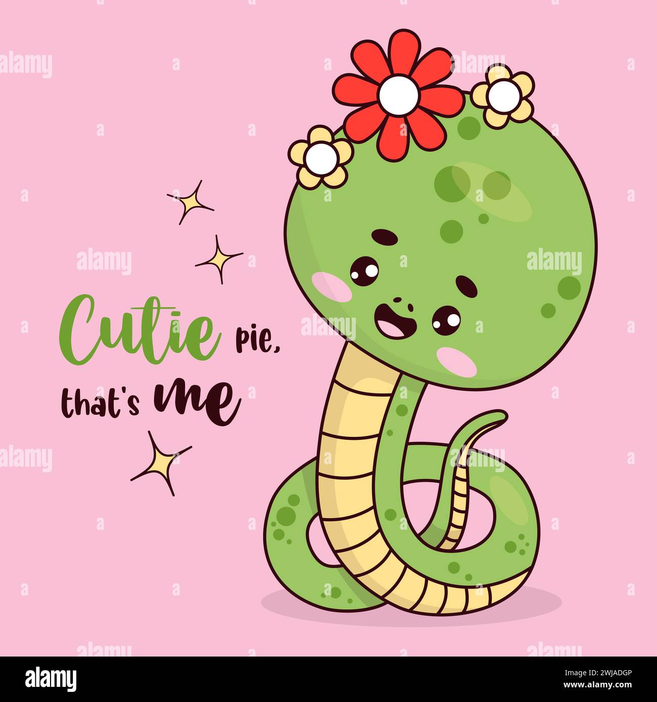 Cute snake with flowers. Reptile kawaii character. Vector illustration with cartoon serpent. Kids collection Stock Vector
