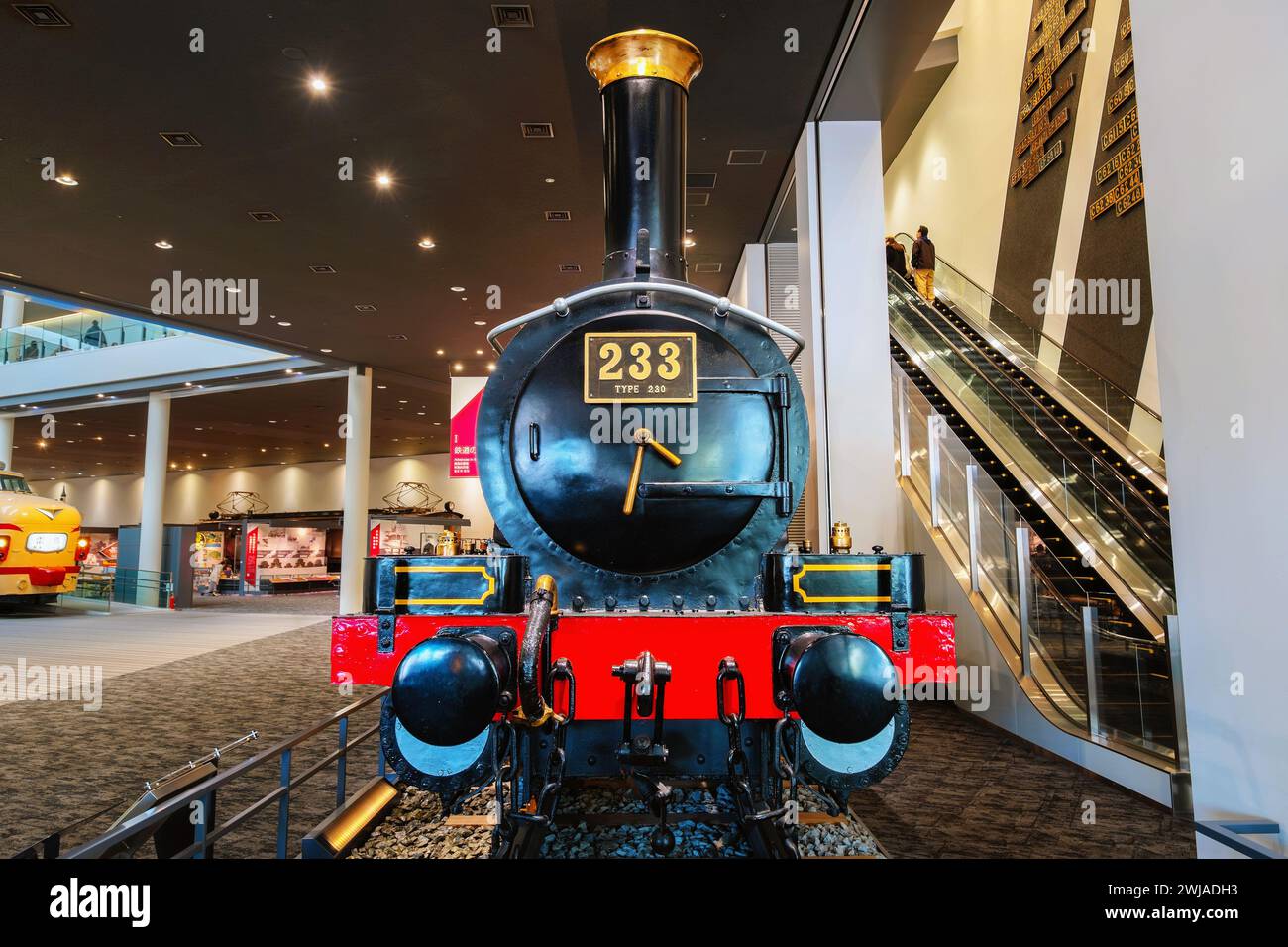 Kyoto, Japan - April 8 2023: Kyoto Railway Museum opened in 2016 covering a 30,000 square meter, exhibits over 50 retired trains, from steam locomotiv Stock Photo