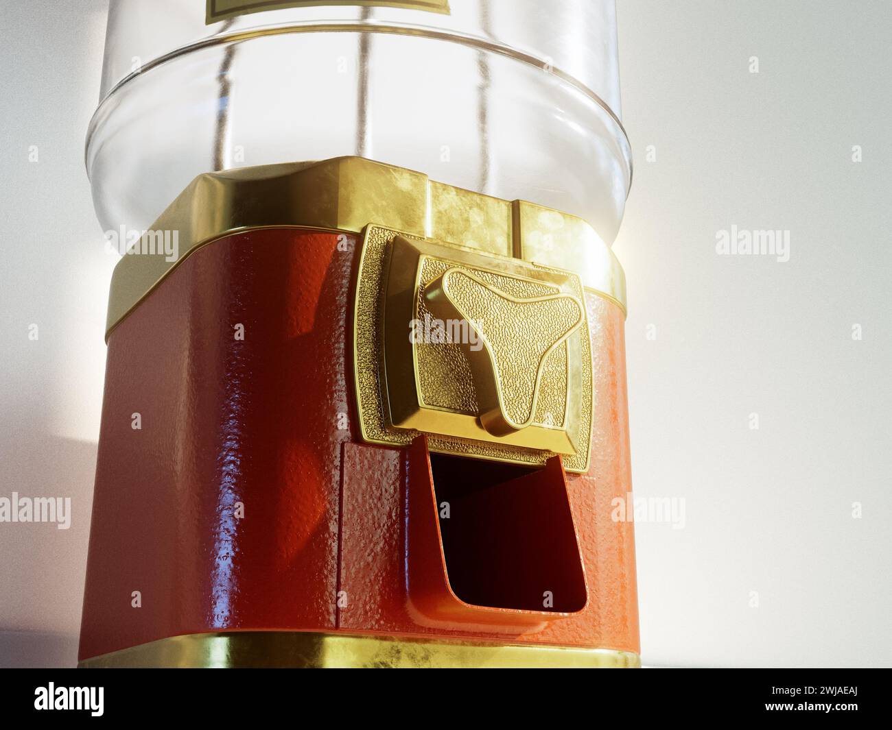 An empty red and brass vintage gumball dispensing machine fon an isolated white background - 3D render Stock Photo