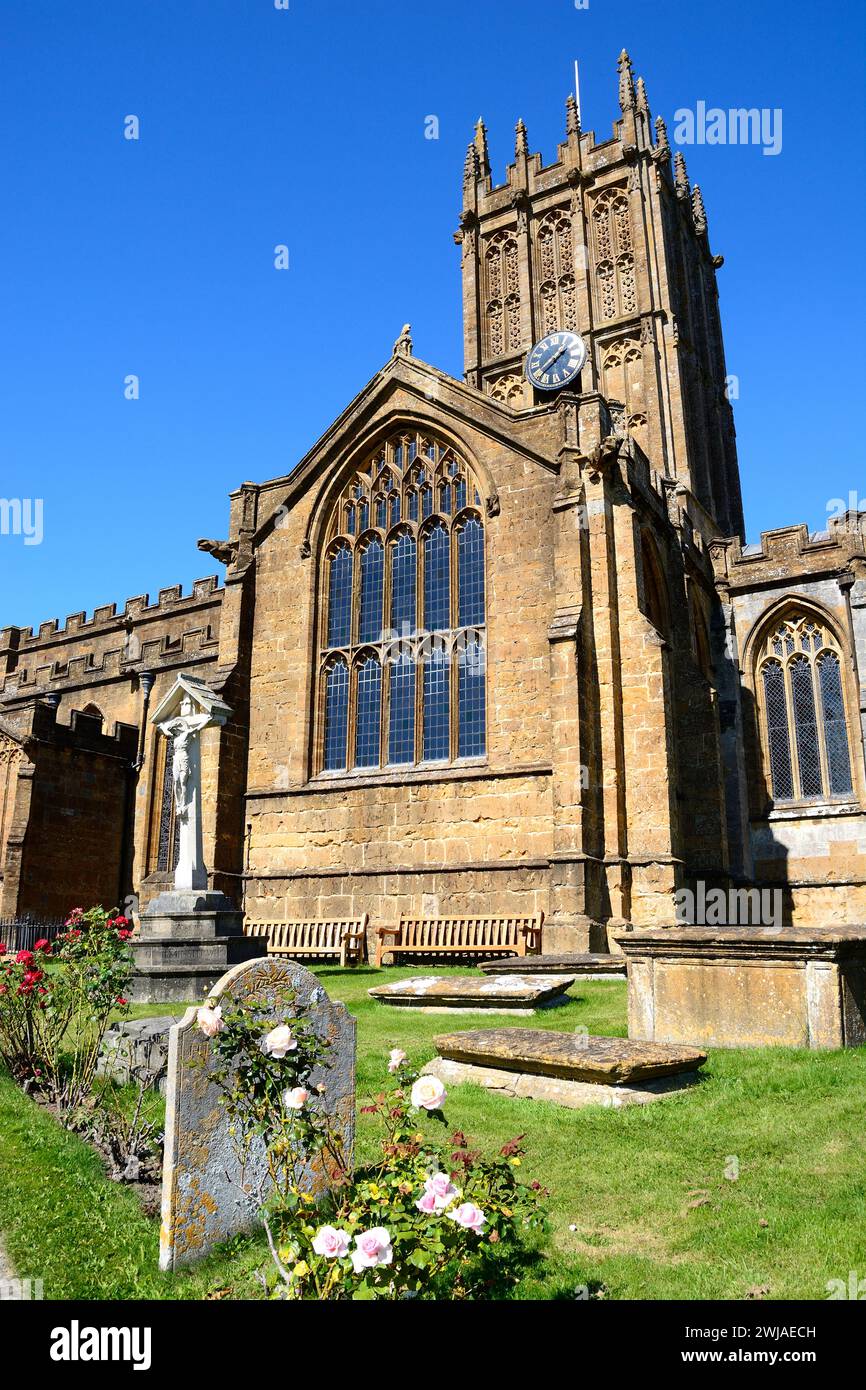 Front view of St Marys Minster Church in the town centre with the graveyard in the foreground, Ilminster, Somerset, UK. Stock Photo