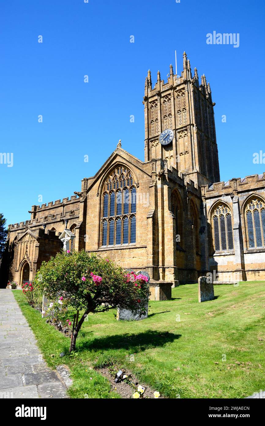 Front view of St Marys Minster Church in the town centre with the graveyard in the foreground, Ilminster, Somerset, UK, Europe Stock Photo