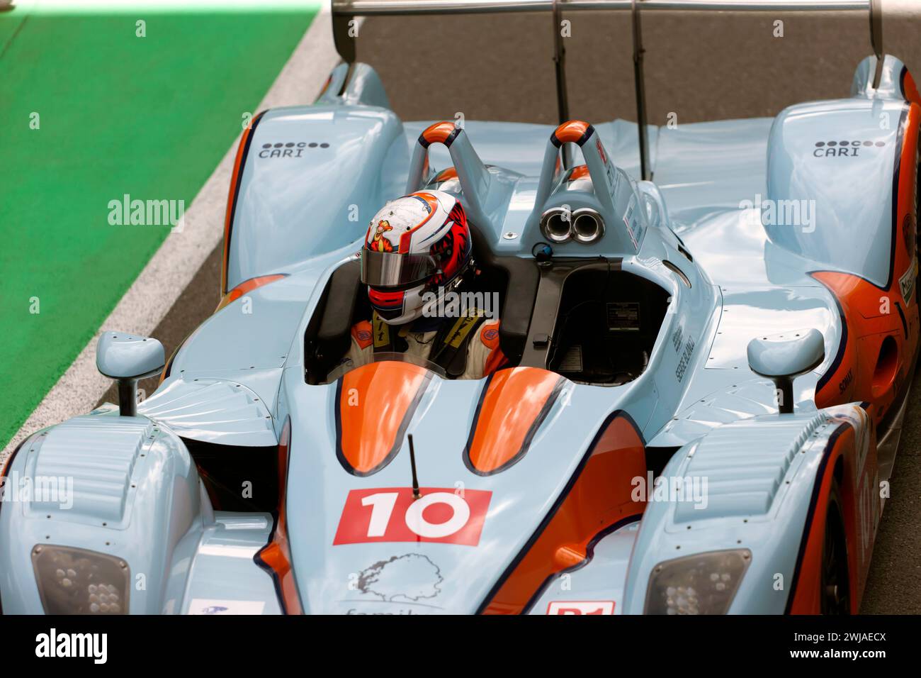Close-up of the Cockpit, of Timothy Silva and Harindra de Silva's Blue and Orange, 2011, Pescarolo LMP1, during the Masters Endurance Legends Race Stock Photo