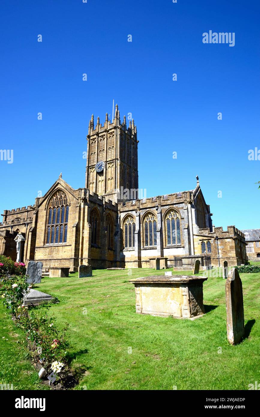 Front view of St Marys Minster Church in the town centre with the graveyard in the foreground, Ilminster, Somerset, UK, Europe Stock Photo