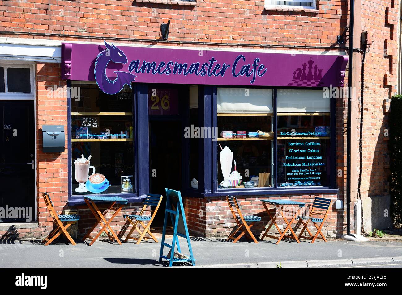 Front view of Gamesmaster cafe along Silver Street, Ilminster, Somerset, UK, Europe. Stock Photo